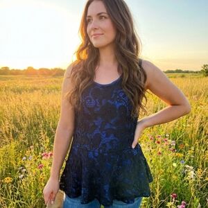 ANTHROPOLOGIE MEADOW RUE BLUE LACE PEPLUM KNIT TOP SZ XL